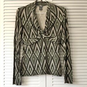 Ann Taylor Long Sleeve V Neck - Art Deco Diamond Print Black Green - Small